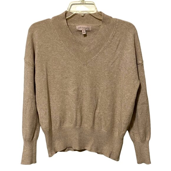 Philosophy V-neck Pullover Sweater S Beige Light Academia Preppy Silky Soft - Picture 1 of 5